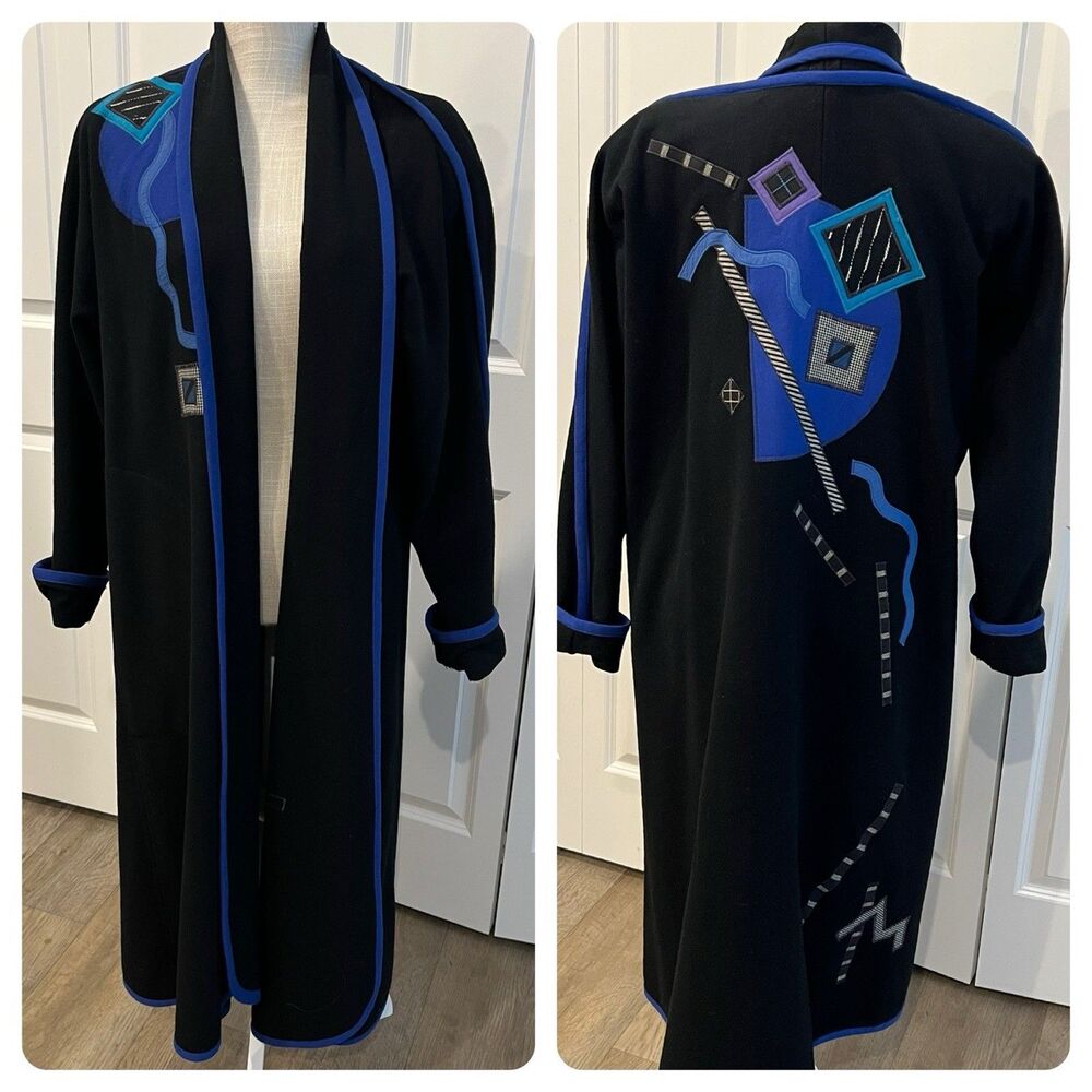 Wool Coat Women’s 80’s Geometric Design Shoulder Pads Beppa Long Black S